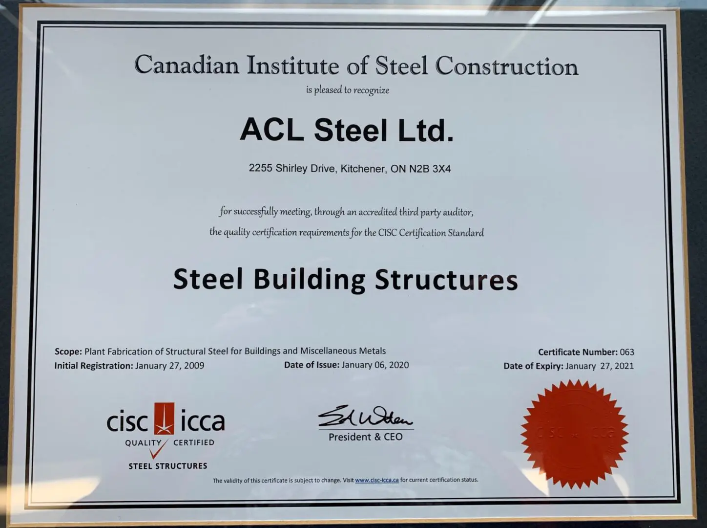 certificate of recognition by the Canadian institute of steel construction