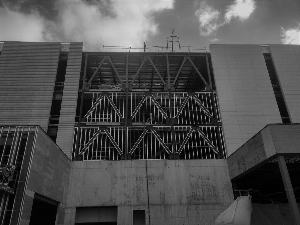 A black and white image of an old building