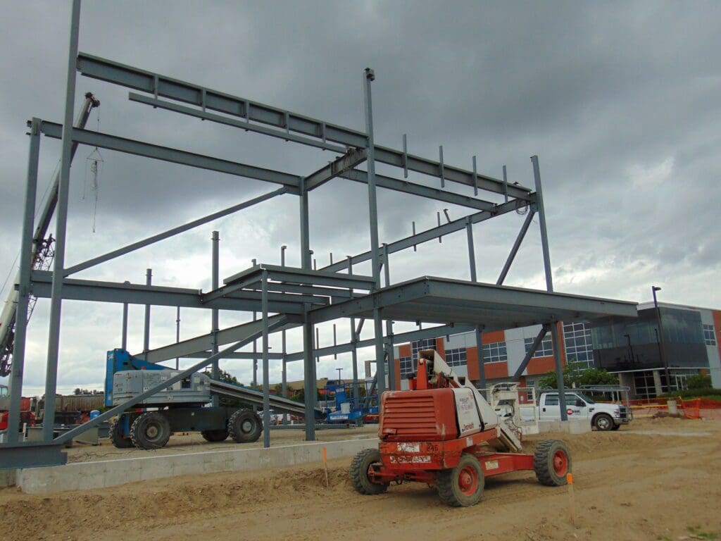 A construction site with steel frames